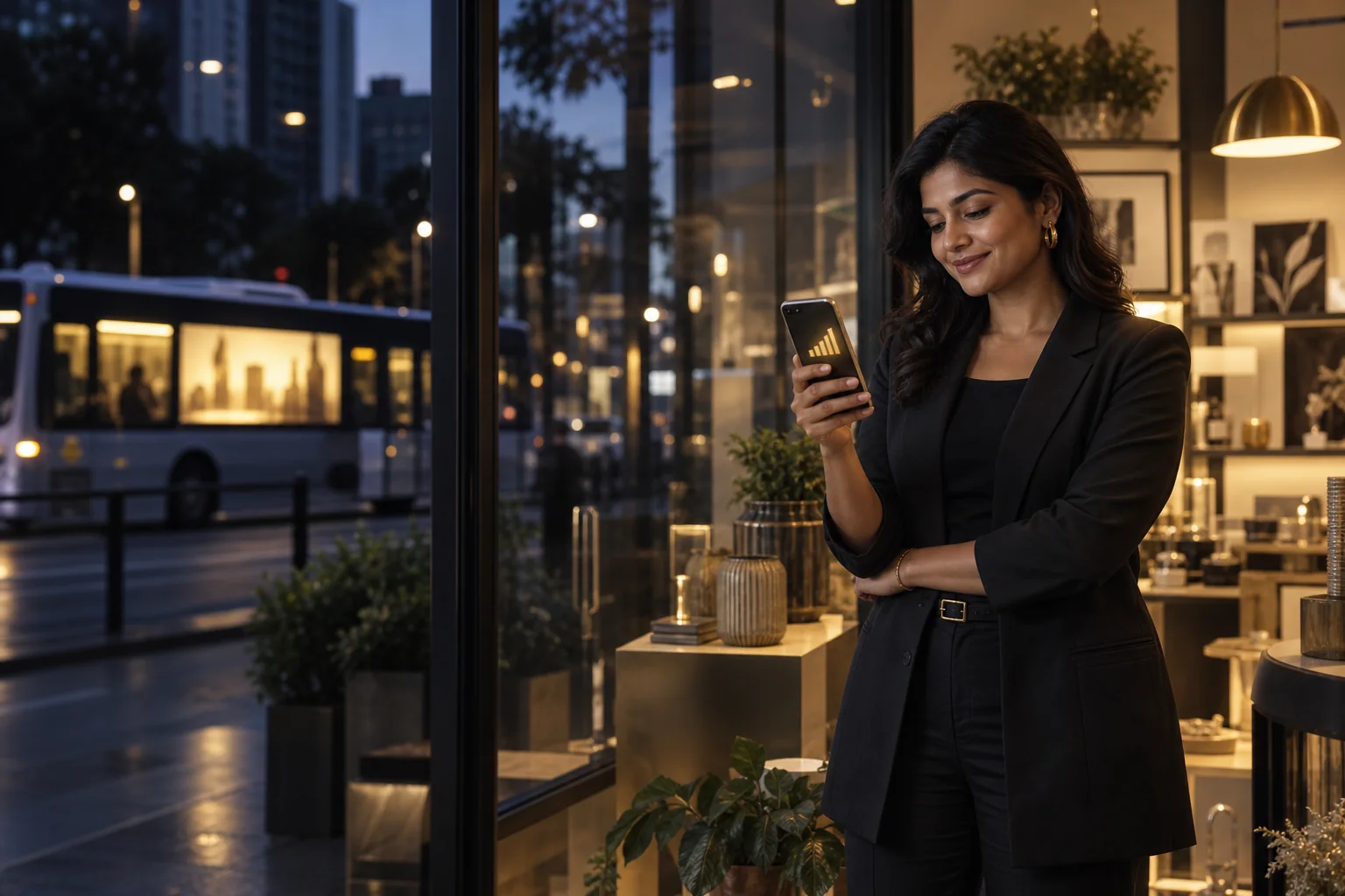 A shop owner smiling at her phone beside her shop window, with a lit bus passing outside