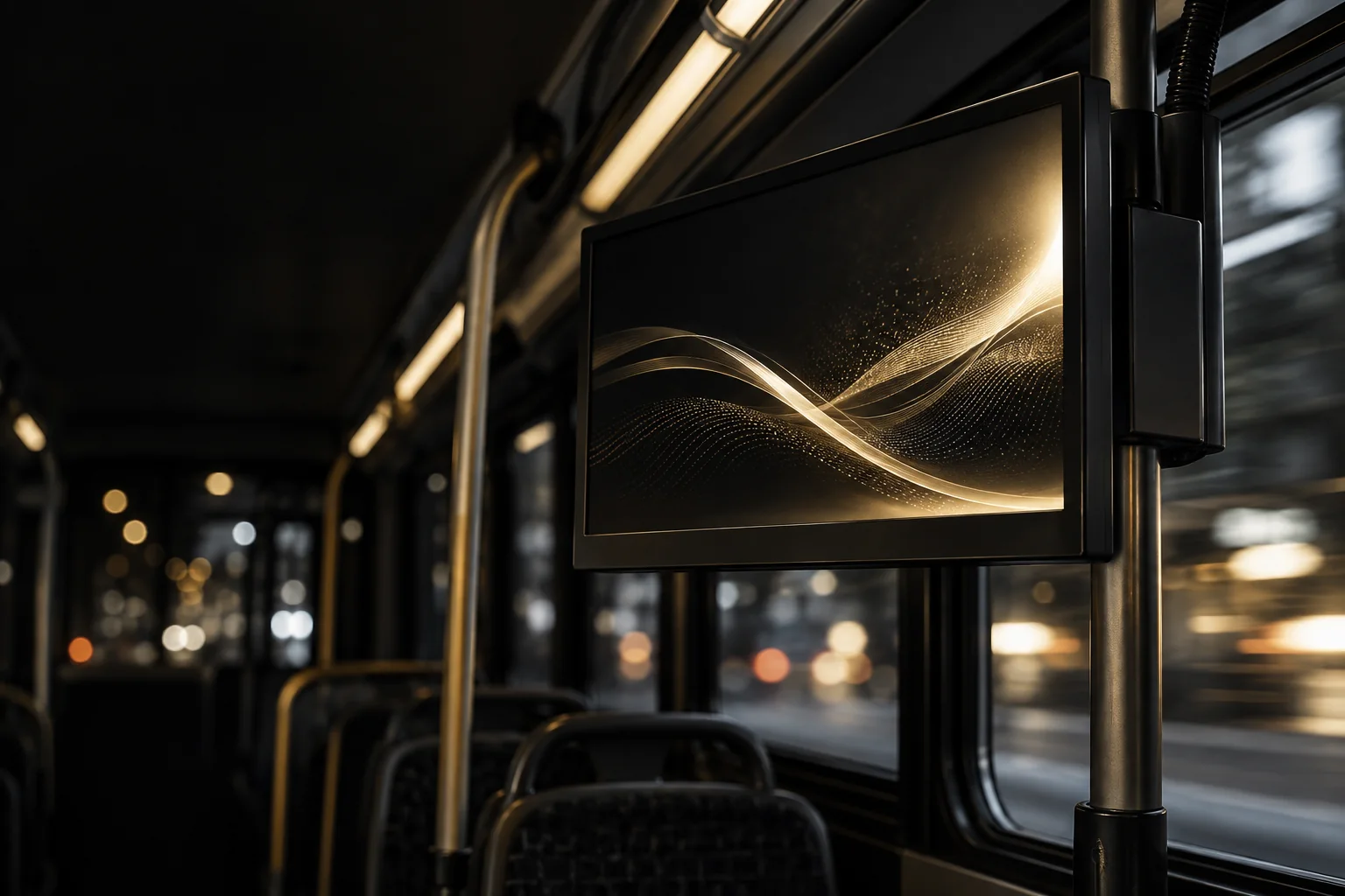 A dark bus interior with a screen playing a flowing gold animation